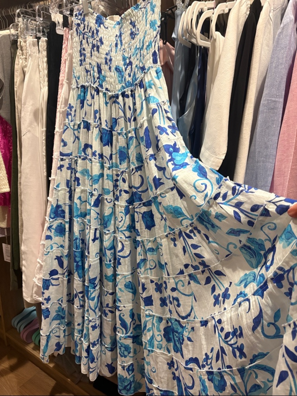 Smocked Bodice Blue Floral Midi Dress - Women's